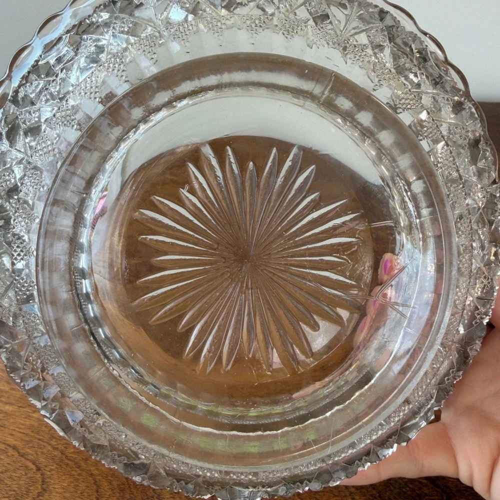 Vintage Clear Pressed Glass Scalloped Fruit Bowl Starburst Pattern 8.75 Inch